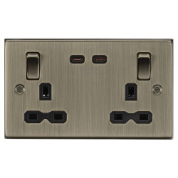 Knightsbridge 13A 2 Gang Square Edge Type C 65W Fastcharge USB Socket with 2 x USB - Antique Brass