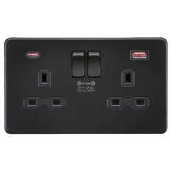 Knightsbridge 13A 2 Gang Type A/QC18W Type C/PD45W USB Socket with 2 x USB - Matt Black/Black