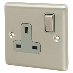 Eurolite Enhance Decorative 13A 1 Gang Double Pole Switched Socket - Satin Steel with Grey Inserts