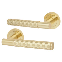 Altro Satin Brass Honeycomb Door Handles on Round Rose - Cara Range