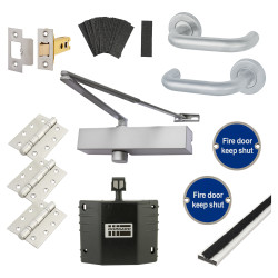 Medium Duty Latch Door Handle on Rose Fire Door Kit & Dorgard Holder - Stainless Steel