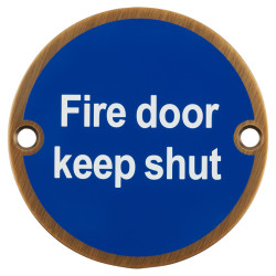 Hampstead Fire Door Keep Shut Door Sign - 75mm Diameter - Antique Brass