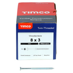 TIMCO Twin Threaded Pozi Countersunk Wood Screws - 8 x 3" - Zinc Plated - Pack of 200