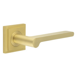 Burlington by Frelan Satin Brass Fire Rated Door Handles on Square Stepped Rose - Fitzrovia Range