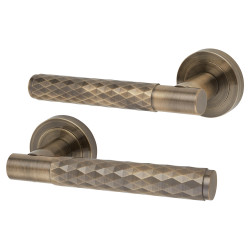 Altro Antique Brass Diamond Door Handles on Round Rose - Luna Range