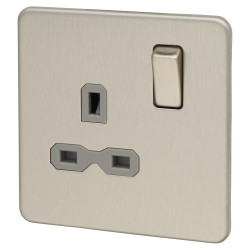 Knightsbridge 13A 1 Gang Screwless Flat Plate DP Switched Socket - Brushed Chrome with Grey Insert
