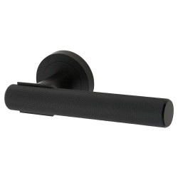 Altro Matt Black Knurled Door Handles on Round Rose - Orla Range