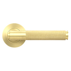 From The Anvil Satin Brass Knurled Door Handles on Round Rose - Brompton Range