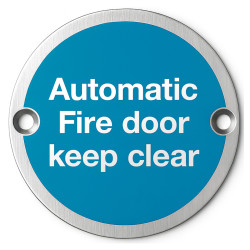 Altro Light Blue Automatic Fire Door Keep Clear Door Sign - 75mm Diameter - Satin Stainless Steel