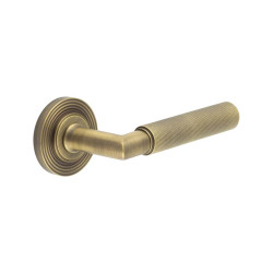 Burlington by Frelan Antique Brass Knurled Fire Rated Door Handles on Round Reeded Rose - Piccadilly Range