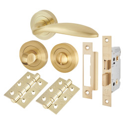 Touchpoint Satin Brass Bathroom Lock Door Handles on Rose Pack - Morgan Range