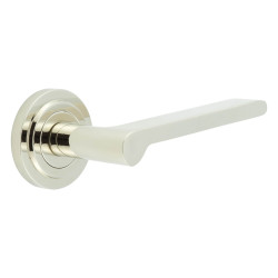 Burlington by Frelan Polished Nickel Fire Rated Door Handles on Round Stepped Rose - Fitzrovia Range