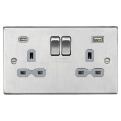 Knightsbridge 13A 2 Gang Square Edge Type A/C USB Socket with 2 x USB - 4A - Brushed Chrome/Grey