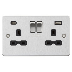 Knightsbridge 13A 2 Gang Flat Plate Type A/C USB Socket with 2 x USB - 4A - Brushed Chrome/Black