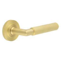 Burlington by Frelan Satin Brass Knurled Fire Rated Door Handles on Round Knurled Rose - Piccadilly Range
