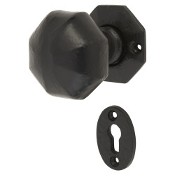Olde Forge Antique Black Iron Octagonal Mortice Door Knob with Escutcheon - 55mm Rose Diameter