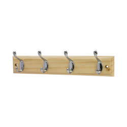 Touchpoint Hat & Coat Hook Rail - 400 x 20 x 71mm - 4 Hooks - Pine Board with Polished Chrome Hooks