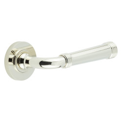 Burlington by Frelan Polished Nickel Fire Rated Door Handles on Round Knurled Rose - Highgate Range