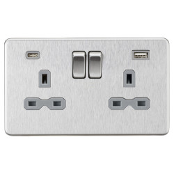 Knightsbridge 13A 2 Gang Screwless Type A/C USB Socket with 2 x USB - 4A - Brushed Chrome/Grey