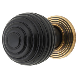 From The Anvil Beehive Ball Cabinet Knob - 35mm Diameter - Ebony - Antique Brass Rose
