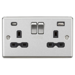 Knightsbridge 13A 2 Gang Round Edge Type A/C USB Socket with 2 x USB - 4A - Brushed Chrome/Black