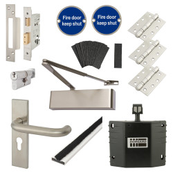 Heavy Duty Euro Lock Door Handle on Backplate Fire Door Kit & Dorgard Holder - Stainless Steel
