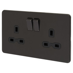 Knightsbridge 13A 2 Gang Screwless Flat Plate Switched DP Socket - Smoked Bronze/Black Inserts