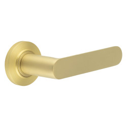 Burlington by Frelan Satin Brass Fire Rated Door Handles on Round Chamfered Rose - Kensington Range