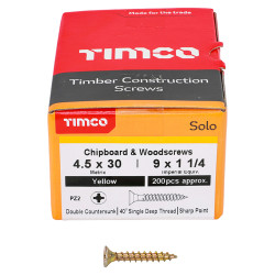 TIMCO Solo Chippy Pozi Countersunk Wood Screws - 4.5 x 30mm - Yellow Zinc - Pack of 200