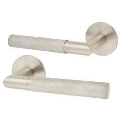 Jigtech Satin Stainless Steel Knurled Door Handles on Round Slim Rose - Schema Modell Range