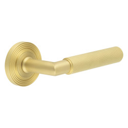 Burlington by Frelan Satin Brass Knurled Fire Rated Door Handles on Round Reeded Rose - Piccadilly Range