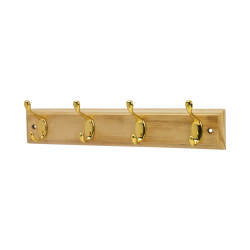 Touchpoint Hat & Coat Hook Rail - 400 x 20 x 71mm - 4 Hooks - Pine Board with Polished Brass Hooks