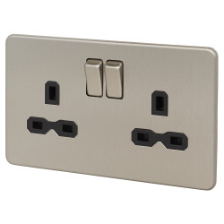 Knightsbridge 13A 2 Gang Screwless Flat Plate Switched DP Socket - Brushed Chrome with Black Insert