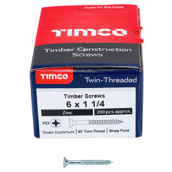 TIMCO Twin Threaded Pozi Countersunk Wood Screws - 6 x 1 1/4" - Zinc Plated - Pack of 200