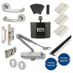 Light Duty Euro Lock Door Handle on Rose Fire Door Kit - Hold Open - Aluminium