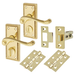 Touchpoint Polished Brass Georgian Rope Edge Scroll Privacy Latch Door Handles Pack - Short Plate