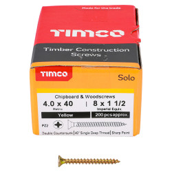 TIMCO Solo Chippy Pozi Countersunk Wood Screws - 4.0 x 40mm - Yellow Zinc - Pack of 200