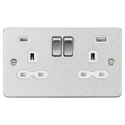 Knightsbridge 13A 2 Gang Flat Plate Type A/C USB Socket with 2 x USB - 4A - Brushed Chrome/White