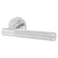 Jedo Polished Chrome Fire Rated Knurled Door Handles on Round Rose - Bari Range