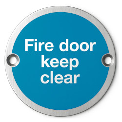 Altro Light Blue Fire Door Keep Clear Door Sign - 75mm Diameter - Satin Stainless Steel