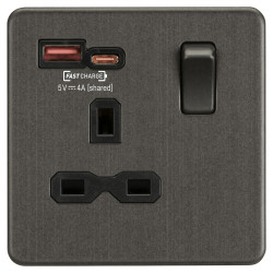 Knightsbridge 13A 1 Gang SP Type A/C Fastcharge USB Socket with 2 x USB - 4A - Smoked Bronze/Black