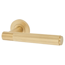 Alexander and Wilks Satin Brass Knurled Door Handles on Round Rose - Spitfire Range