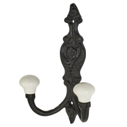 Olde Forge Double Coat Hook - 150 x 110mm - Black Iron & Porcelain