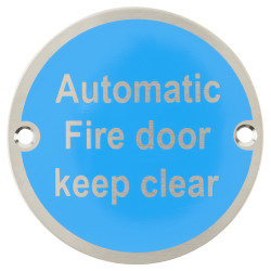 Altro Automatic Fire Door Keep Clear Door Sign - 75mm Diameter - Neutral Lettering - Sat Stainless