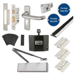 Heavy Duty Euro Lock Door Handle on Backplate Fire Door Kit & Dorgard Holder - Push/Pull - Aluminium