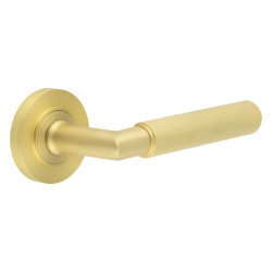 Burlington by Frelan Satin Brass Knurled Fire Rated Door Handles on Round Rose - Piccadilly Range