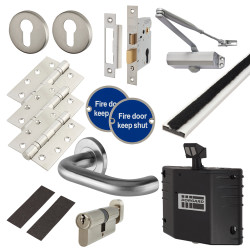 Light Duty Euro Lock Door Handle on Rose Fire Door Kit & Dorgard Holder - Power Size 3 - Silver