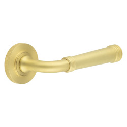 Burlington by Frelan Satin Brass Fire Rated Door Handles on Round Knurled Rose - Highgate Range
