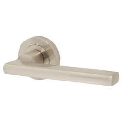 Jedo Satin Nickel Fire Rated Door Handles on Round Rose - Jet Range