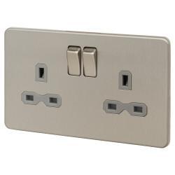 Knightsbridge 13A 2 Gang Screwless Flat Plate Switched DP Socket - Brushed Chrome with Grey Insert